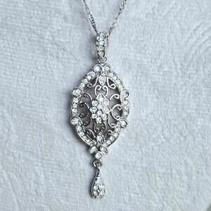 Cookie Lee Silver Tone Filigree Crystal Pendant Necklace